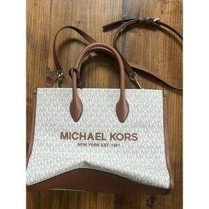 MICHAEL KORS Monogram Tote Bag Brown Leather Trim Adjustable Strap